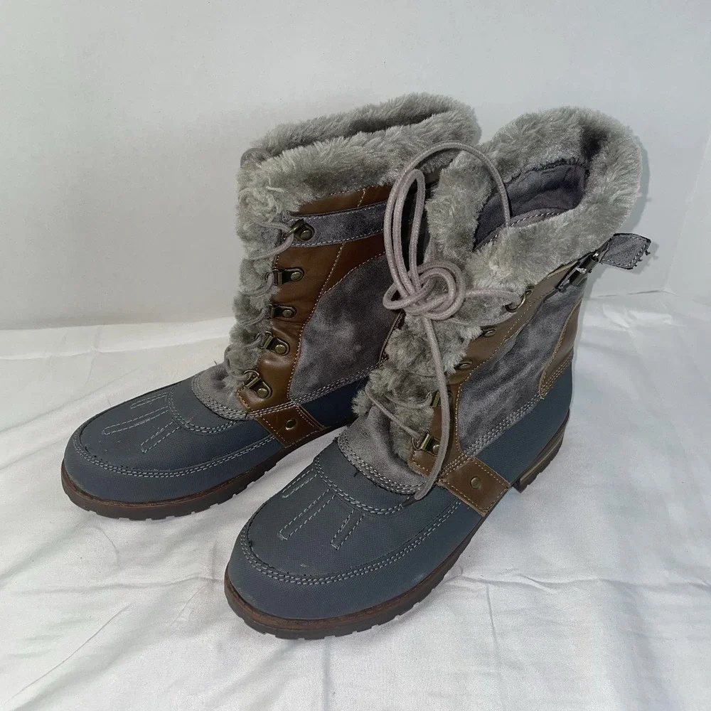 Rock & Candy Danlea Grey Brown Faux Fur Lined Lace Up Winter Duck Boots Size 9M
